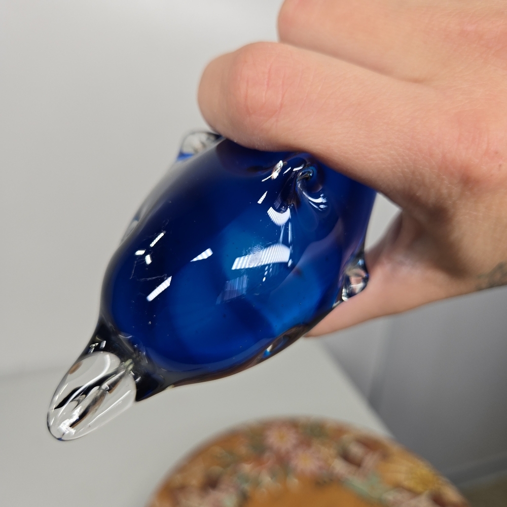 Vintage Murano Style Hand-blown Art Glass Paperweight Blue Whale Dolphin Shape - Picture 6 of 14